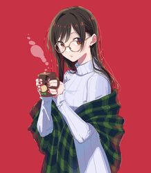  brown_eyes brown_hair christmas cup glasses highres hirayama_kanna holding holding_cup kanojo_okarishimasu long_hair long_sleeves looking_at_viewer mizuhara_chizuru nail_polish red_background red_nails simple_background sweater white_sweater winter_clothes 