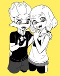  1boy 1girl cropped_legs dede_(qwea_00000) fingerless_gloves gloves greyscale_with_colored_background inkling inkling_boy inkling_girl looking_at_viewer open_mouth pointy_ears shirt sleeveless sleeveless_shirt smile splatoon_(series) splatoon_2 tentacle_hair v yellow_background 