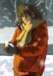 1boy alternate_costume black_gloves brown_hair closed_eyes cowboy_shot gloves grin highres holding_snowball isoi_reiji jacket long_sleeves male_focus medium_hair outdoors qiqiqiqi498 red_jacket saibou_shinkyoku scarf smile snow solo winter winter_clothes yellow_scarf 