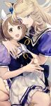  2girls absurdres animal_ears arm_around_shoulder blonde_hair blue_eyes bow bowtie braid brown_eyes brown_hair crown_braid ear_bow feet_out_of_frame gold_city_(umamusume) grey_background hairband highres horse_ears long_hair looking_at_viewer mikedate multiple_girls open_mouth own_hands_together purple_shirt sailor_collar school_uniform shirt short_hair short_sleeves simple_background sitting sitting_on_lap sitting_on_person skirt smile steepled_fingers tracen_school_uniform umamusume white_skirt yukino_bijin_(umamusume) 