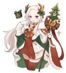  1girl blush box cape commentary_request dress edelgard_von_hresvelg edelgard_von_hresvelg_(snowfall_future) fake_horns fire_emblem fire_emblem:_three_houses fire_emblem_heroes forehead fur-trimmed_cape fur-trimmed_dress fur-trimmed_gloves fur_trim gift gift_box gloves green_cape hair_ornament highres holding holding_polearm holding_weapon horns long_hair looking_at_viewer mistletoe_hair_ornament official_alternate_costume palmijano polearm red_dress red_gloves red_thighhighs simple_background smile solo spear thigh-highs two-tone_cape two-tone_dress very_long_hair violet_eyes weapon white_background white_dress white_gloves white_hair yellow_horns 
