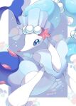  animal_focus artist_name blue_eyes border colored_skin commentary_request highres iwasi_29 no_humans pokemon pokemon_(creature) ponytail primarina purple_background sea_lion snout tail twitter_username white_border white_skin 