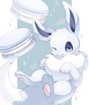  :3 alternate_color animal_focus blue_eyes border closed_mouth commentary_request eevee food grey_background highres iwasi_29 macaron mane no_humans one_eye_closed pawpads pillarboxed pokemon pokemon_(creature) white_border white_fur 