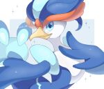  animal_focus artist_name beak blue_background blue_eyes colored_skin commentary_request feathers highres iwasi_29 no_humans pokemon pokemon_(creature) quaquaval simple_background sparkle twitter_username two-tone_background white_background white_skin 