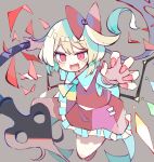  1girl ascot baron_(x5qgeh) blonde_hair collared_shirt crystal_wings fang flandre_scarlet frilled_skirt frills grey_background laevatein_(touhou) looking_at_viewer multicolored_wings no_headwear one_side_up open_mouth reaching reaching_towards_viewer red_eyes red_nails red_skirt red_vest shirt short_hair short_sleeves simple_background skirt skirt_set solo touhou vest white_shirt wings yellow_ascot 