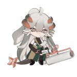  1girl arknights bandaid bandaid_on_face bare_shoulders black_gloves black_shirt black_thighhighs chibi commentary elbow_gloves fingerless_gloves full_body gloves hair_between_eyes horns joshua_(shisanli934) long_hair looking_at_viewer multiple_tails red_eyes saria_(arknights) shirt simple_background sleeveless sleeveless_shirt solo splatoon_(series) symbol-only_commentary tail tentacle_hair thigh-highs white_background 