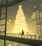  1girl artist_name backlighting cat christmas christmas_tree city clouds dusk highres huhv. ladder original outdoors oversized_object scarf scenery silhouette sitting sky snow solo wide_shot 