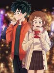  1boy 1girl all_might artist_name bag blush boku_no_hero_academia brown_eyes brown_hair charm_(object) christmas christmas_tree city_lights coat couple cup dating earrings freckles green_eyes green_hair handbag hetero highres jewelry lights long_bangs midoriya_izuku mug open_mouth short_hair skirt thighs tooshiro10 twitter_username uraraka_ochako white_coat 