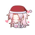  1boy chibi chinese_commentary closed_eyes commentary_request cup hat hatsutori_hajime heart holding holding_cup long_hair long_sleeves male_focus mug no_mouth no_nose pink_hair red_headwear saibou_shinkyoku sakuramuying santa_hat shirt simple_background solo white_background white_shirt 