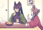  2girls animal_ears black_hair black_sweater blue_eyes brown_hair commentary_request dark-skinned_female dark_skin ear_ornament earrings fine_motion_(umamusume) food fruit green_eyes hair_between_eyes hair_bun hanten_(clothes) hi_(ibisf5umauma) highres holding holding_food holding_fruit horse_ears horse_girl indoors jewelry kotatsu long_hair long_sleeves mandarin_orange multicolored_hair multiple_girls necklace open_mouth parted_lips ponytail shirt short_hair single_earring sliding_doors smile streaked_hair sweater symboli_kris_s_(jetblack_automaton)_(umamusume) table tissue_box umamusume very_long_hair white_hair white_shirt wide_sleeves 