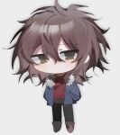  1boy black_pants blue_jacket brown_footwear brown_hair chibi closed_mouth fur-trimmed_jacket fur_trim green_eyes hair_between_eyes hands_in_pockets highres isoi_reiji jacket long_sleeves looking_at_viewer male_focus medium_hair open_clothes open_jacket pants red_shirt saibou_shinkyoku shirt simple_background solo tiegeban white_background 