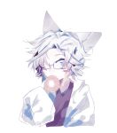  1boy absurdres animal_ears black_shirt blue_eyes cat_boy cat_ears chinese_commentary commentary_request doughnut food food_in_mouth glasses highres kanou_aogu kemonomimi_mode lab_coat long_sleeves other_focus rectangular_eyewear saibou_shinkyoku semi-rimless_eyewear shirt short_hair simple_background single_blush_sticker sketch sleeves_past_fingers sleeves_past_wrists solo upper_body white_background white_hair yiquan_(xinjinjumin0562607) 
