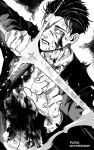  1boy absurdres arm_up artist_name blood blood_on_clothes blood_on_face closed_mouth collared_shirt fighting_stance greyscale hand_up highres higuruma_hiromi holding holding_sword holding_weapon jacket jujutsu_kaisen long_sleeves looking_at_viewer male_focus monochrome rei_(poro06625649) scar scar_on_face shirt short_hair solo sword twitter_username upper_body weapon 