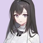  1girl arknights black_bow black_hair bow brown_eyes jacket long_hair long_wuxian looking_at_viewer open_clothes open_jacket parted_lips priestess_(arknights) purple_background simple_background smile solo sweater turtleneck turtleneck_sweater upper_body white_jacket white_sweater 