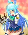  1girl aqua_(konosuba) ass blue_eyes blue_footwear blue_hair blue_shirt blue_skirt blue_thighhighs blush boots bottle bow bowtie breasts can detached_sleeves gem green_bow green_bowtie hair_between_eyes hair_ornament hair_rings highres jwl kono_subarashii_sekai_ni_shukufuku_wo! long_hair looking_at_viewer shirt single_hair_ring skirt sleeveless sleeveless_shirt solo thigh-highs thigh_boots thighhighs_under_boots very_long_hair white_sleeves white_thighhighs 