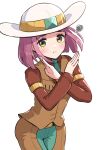  1girl belt brown_pants brown_shirt clay_(pokemon) clay_(pokemon)_(cosplay) closed_mouth commentary_request cosplay cowboy_shot eyelashes gonzarez hat highres lacey_(pokemon) light_blush pants pokemon pokemon_sv pout purple_hair shirt short_hair simple_background solo white_background white_headwear x_arms yellow_eyes 