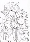  2boys arknights asak_akni braid earrings elysium_(arknights) greyscale highres jacket jewelry monochrome multiple_boys necklace sketch thorns_(arknights) twinkle_eye 