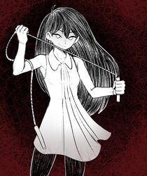  1girl cabronpr collared_dress commentary dress evil_smile greyscale_with_colored_background highres holding_jump_rope jump_rope long_hair mari_(omori) omori pantyhose red_background short_dress sleeveless sleeveless_dress smile solo symbol-only_commentary 