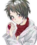  1girl apple closed_mouth food fruit green_eyes green_hair highres holding holding_food holding_fruit isoi_rai lab_coat long_sleeves red_scarf saibou_shinkyoku scarf short_hair simple_background siqiulaozhang sketch smile solo sweater turtleneck turtleneck_sweater white_background yellow_sweater 