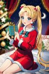  1girl bishoujo_senshi_sailor_moon blue_eyes box christmas christmas_ornaments christmas_tree cushion dress earrings gift gift_box highres holding holding_gift jewelry koharumichi long_hair parted_bangs red_dress smile solo tsukino_usagi twintails very_long_hair 