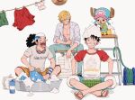  4boys ^_^ antlers black_hair blonde_hair blue_pants bubble closed_eyes commentary_request crossed_legs curly_eyebrows goatee_stubble goggles goggles_around_neck green_shirt hat highres hocpoc looking_up monkey_d._luffy multiple_boys mustache_stubble one_piece open_clothes open_shirt pants red_shirt reindeer_antlers sandals sanji_(one_piece) scar scar_on_face shirt shorts simple_background sitting smile straw_hat tony_tony_chopper usopp washing_clothes white_background wristband 