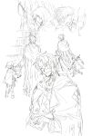  apple arknights asak_akni aulus_(arknights) book book_stack bookshelf cape child cloak food fruit highres hood sketch sword thorns_(arknights) weapon 