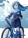  1girl ahoge alternate_costume bicycle bicycle_basket binchou_maguro black_hair black_serafuku black_shirt black_skirt black_socks blue_eyes blue_flower blue_hair blue_ribbon blue_rose blue_sailor_collar boutonniere branch cevio closed_mouth colored_inner_hair dappled_sunlight diploma floating_hair flower full_body futaba_minato hair_ornament hairclip highres kneehighs lens_flare long_hair looking_ahead multicolored_hair neck_ribbon non-circular_lens_flare outside_border pleated_skirt ribbon riding riding_bicycle rose sailor_collar school_uniform serafuku shirt skirt smile socks solo sunlight swept_bangs tube two-tone_hair 