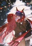  2girls artist_name chiwu199 christmas_lights christmas_tree closed_eyes commentary_request fake_antlers genshin_impact gloves highres kiss long_hair multiple_girls outdoors pink_hair purple_hair raiden_shogun red_scarf scarf snow snowing yae_miko yuri 