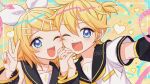  1boy 1girl absurdres bare_shoulders black_sailor_collar blonde_hair blue_eyes border fang hair_ornament hairclip happy heart highres holding_hands kagamine_len kagamine_rin looking_at_viewer necktie one_eye_closed open_mouth sailor_collar senotarou short_hair short_ponytail siblings signature twins v vocaloid white_border yellow_background yellow_nails yellow_necktie 