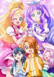  1boy 4girls :d ;d aqua_eyes arms_up blonde_hair blue_dress blue_eyes blue_hair brooch clenched_hands closed_eyes clothing_cutout commentary cure_flora cure_majesty dated dress earrings ellee-chan gloves go!_princess_precure green_hairband green_skirt grin hair_bun hair_over_one_eye hairband half_updo hanami_kotoha hanzou haruno_haruka heart heart_hands highres hirogaru_sky!_precure in-franchise_crossover jewelry light_particles long_hair magical_girl mahou_girls_precure! multicolored_hair multiple_girls one_eye_closed open_mouth own_hands_together pink_dress pink_hair precure precure_all_stars_f purple_dress purple_hair red_eyes shirt short_hair short_sleeves shoulder_cutout single_side_bun skirt smile sparkle streaked_hair tiara twitter_username two-tone_hair white_gloves white_shirt wing_brooch wing_hair_ornament yakushiji_saaya yellow_shirt yuunagi_tsubasa 