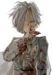  1girl blood blood_on_clothes blood_on_face blood_on_hands cowboy_shot hair_over_one_eye highres kromer_(project_moon) limbus_company project_moon short_hair simple_background solo suit tw4wnpkqamfirtg white_background white_hair white_suit 