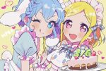  2girls :d birthday_cake blonde_hair blue_dress blue_eyes blue_hair blush cake character_print cinnamoroll commentary_request dorothy_west dress food gift_art happy_birthday heart holding holding_plate looking_at_viewer midorikaze_fuwari multiple_girls one_eye_closed open_mouth oshiri_(o4ritarou) plate pretty_series pripara puffy_short_sleeves puffy_sleeves rabbit_tail sanrio short_hair short_sleeves smile tail tongue tongue_out yellow_background 