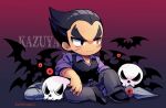  1boy bat_(animal) black_eyes black_footwear black_hair black_vest character_name collarbone gradient_background grey_shirt knee_up kotorai looking_ahead male_focus mishima_kazuya no_nose purple_shirt red_eyes scar scar_on_arm scar_on_cheek scar_on_face shirt short_hair signature sitting skull solo tail tekken v-shaped_eyebrows vest 