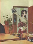  2girls absurdres arm_up artist_name azumanga_daioh black_eyes black_hair breasts desk door film_grain highres indoors long_hair long_sleeves medium_breasts mihama_chiyo multiple_girls nyztsune open_mouth plant potted_plant school_uniform short_hair short_twintails sitting tanizaki_yukari twintails 