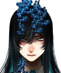  1girl ado_(utaite) black_hair blue_eyes blue_flower blue_hair blue_rose blueberry chando_(ado) closed_mouth cloud_nine_inc colored_inner_hair commentary flower food fruit hair_between_eyes highres hoshi_san_3 long_hair multicolored_hair portrait rose sidelocks simple_background solo two-tone_hair utaite white_background 