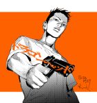  1boy character_request commentary_request copyright_request dated earrings from_below greyscale_with_colored_background gun holding holding_gun holding_weapon jewelry kotteri looking_at_viewer male_focus orange_hair shirt short_hair simple_background upper_body weapon 