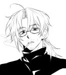  1boy ahoge facial_hair glasses gregor_(project_moon) greyscale limbus_company limc_gil41 long_hair looking_at_viewer low_ponytail male_focus monochrome open_mouth portrait project_moon simple_background solo stubble sweat 