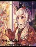  1girl :o animal_ears bag carrying character_name chinese_commentary christmas curren_chan_(umamusume) cursive doll ear_covers english_commentary english_text grey_hair handbag highres horse_ears horse_girl jacket letterboxed long_sleeves looking_to_the_side merry_christmas mixed-language_commentary night outdoors parted_lips red_jacket scarf short_hair solo sparkle umamusume violet_eyes white_scarf window yanwei_lava 