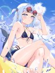  1girl absurdres bikini black_bikini blue_eyes blue_hair blue_sky blunt_bangs blush breasts cloud collarbone crossed_legs day eyewear_on_head feet fins fish_tail front-tie_bikini_top front-tie_top gawr_gura glasses hair_ornament highres hololive hololive_english innertube looking_at_viewer medium_hair multicolored_hair ocean oiranoid outdoors shark_girl shark_hair_ornament shark_tail shorts sitting sky small_breasts solo streaked_hair sunglasses swimsuit tail thighs toes two_side_up virtual_youtuber water white_hair 