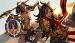 2girls absurdres arm_armor armlet asymmetrical_clothes beacon_of_the_reed_sea_(genshin_impact) black_hair blue_hair candace_(genshin_impact) capelet dark-skinned_female dark_skin dehya_(genshin_impact) elbow_gloves eye_of_horus eyebrows_hidden_by_hair fingerless_gloves genshin_impact gloves hair_between_eyes hair_ears hairband highres holding holding_polearm holding_weapon jhorliearts long_hair multiple_girls navel polearm short_hair simple_background weapon