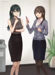  2girls absurdres brown_hair cardigan cellphone collared_shirt commission crossed_arms green_hair grey_shirt grey_sweater highres jewelry multiple_girls office_lady original pantyhose pencil_skirt phone pixiv_commission ponytail setu_kurokawa shirt skirt smile sweater upper_body 