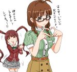  2girls :3 age1fullgrandpa akizuki_ritsuko antenna_hair belt belted_skirt black-framed_eyewear blush bow bowtie braid breast_pocket breasts brown_eyes brown_hair brown_skirt buttons closed_eyes closed_mouth commentary_request frilled_skirt frills glasses green_bow green_bowtie green_shirt grey_skirt hands_up happy_tears heart heart_hands highres idolmaster idolmaster_million_live! jacket long_hair low_twin_braids matsuda_arisa medium_breasts medium_hair multiple_girls orange_belt own_hands_together pocket puffy_short_sleeves puffy_sleeves red_jacket shirt short_sleeves sidelocks skirt striped striped_shirt tears thigh-highs translation_request twin_braids twintails upper_body v-shaped_eyebrows vertical-striped_shirt vertical_stripes wavy_mouth white_background 