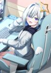  1girl absurdres amane_kanata blue_hair blue_headphones chair colored_inner_hair desk grey_hair grey_hoodie halo highres hololive hood hoodie kamesys keyboard_(computer) looking_at_viewer monitor multicolored_hair office_chair open_mouth short_hair smile solo star_halo swivel_chair upao_(amane_kanata) violet_eyes virtual_youtuber 