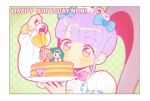  1girl blue_bow blunt_bangs border bow brown_hair center_frills character_doll character_name commentary_request food frills green_background green_hair hair_bow happy_birthday holding holding_plate honey idol_clothes long_hair long_sleeves manaka_non oshiri_(o4ritarou) pancake pancake_stack plate polka_dot polka_dot_background pouring pretty_series pripara purple_hair side_ponytail smile solo taiyo_pepper tsukikawa_chili two_side_up upper_body usacha very_long_hair violet_eyes white_border 