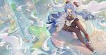  above_clouds ahoge bad_link bell blue_hair chinese_knot clouds collar day floating floating_island flower_knot ganyu_(genshin_impact) genshin_impact goat_horns gold_trim horns huaguang_stone_forest leotard leotard_under_clothes low_ponytail neck_bell official_art scenery violet_eyes white_sleeves whorled_clouds 