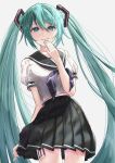  1girl aqua_hair aqua_nails black_neckerchief black_sailor_collar black_skirt blue_eyes closed_mouth cowboy_shot eyebrows_hidden_by_hair floating_hair grey_background hair_between_eyes hair_ornament hatsune_miku highres hxk4_n leg_tattoo long_hair looking_at_viewer miniskirt nail_polish neckerchief number_tattoo pleated_skirt sailor_collar sailor_shirt school_uniform serafuku shirt short_sleeves simple_background skirt skirt_hold smile standing tattoo thigh_gap twintails very_long_hair vocaloid white_shirt 