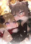  2girls absurdres animal_ear_fluff animal_ears blonde_hair blurry blush bokeh coat depth_of_field grey_eyes grey_hair hair_between_eyes height_difference highres hiruno_isu hololive horns hug lion_ears multiple_girls scarf sheep_horns shishiro_botan snowing tsunomaki_watame upper_body virtual_youtuber winter yuri 