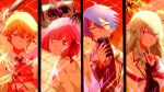  2boys 2girls a-ya_(shuuen_no_shiori) a-ya_(shuuen_no_shiori)_(cosplay) airabi aqua_hair b-ko_(shuuen_no_shiori) b-ko_(shuuen_no_shiori)_(cosplay) bandaged_ear bandages black_necktie blazer boxcutter brown_sweater button_eyes c-ta c-ta_(cosplay) cellphone chain-link_fence closed_mouth clouds collared_shirt column_lineup commentary_request cosplay d-ne d-ne_(cosplay) double-parted_bangs expressionless eyepatch fence floating floating_object from_behind green_hair hair_between_eyes hair_ribbon highres holding holding_stuffed_toy jacket kamishiro_rui kusanagi_nene lapels long_hair long_sleeves looking_at_viewer looking_back loose_necktie multicolored_hair multiple_boys multiple_girls necktie notched_lapels ootori_emu open_clothes open_collar open_jacket open_mouth orange_hair orange_sky outdoors parted_lips phone pink_eyes pink_hair portrait_(object) project_sekai purple_hair red_ribbon red_trim ribbon school_uniform shirt short_hair shuuen_no_shiori_project sky smartphone splatter streaked_hair stuffed_animal stuffed_rabbit stuffed_toy sunset sweater tenma_tsukasa upper_body white_shirt wonderlands_x_showtime_(project_sekai) yellow_eyes yellow_jacket 