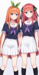  2girls 3: absurdres aged_down black_ribbon black_shirt black_socks blue_eyes blue_nails blunt_bangs blush butterfly_hair_ornament closed_mouth commentary eyelashes eyes_visible_through_hair feet_out_of_frame frown go-toubun_no_hanayome green_ribbon grey_background hair_between_eyes hair_ornament hair_ribbon highres holding_hands interlocked_fingers kneehighs kurosaki_coco long_hair looking_at_viewer multiple_girls nail_polish nakano_nino nakano_yotsuba neckerchief orange_hair pleated_skirt purple_neckerchief redhead ribbon sailor_collar school_uniform serafuku shirt short_sleeves siblings sidelocks simple_background single_bare_shoulder sisters skirt socks spoilers standing straight_hair tsurime two_side_up v-shaped_eyebrows very_long_hair white_sailor_collar white_skirt 