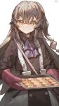  1girl ascot black_dress brown_hair dress food girls_frontline hair_between_eyes highres holding holding_food holding_tray long_hair looking_at_viewer mittens orange_eyes purple_ascot scar scar_across_eye scar_on_face smile tkom tray twitter_username two-tone_dress ump45_(agent_lop_rabbit)_(girls&#039;_frontline) ump45_(girls&#039;_frontline) upper_body white_background white_dress 